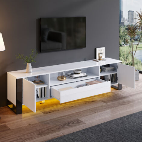 HOMCOM Meuble TV Avec éclairage LED Pour Télévision Jusqu'à 65 Pouces 160cm Avec Etageres En Verre Reglables Noir~1s9i11169ug01