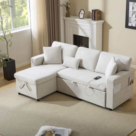 Canapé 3 places avec rangement, port USB, séparateur de rangement latéral ouvert, blanc (1/5)