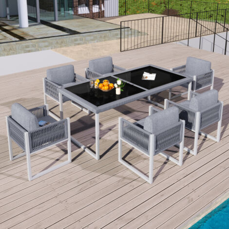 Salon de jardin 7 pièces avec 6 chaises rembourrées en corde tressée et 1 table en verre trempé, gris et blanc, pour jardin, terrasse (1/5)