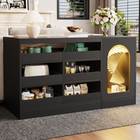 Buffet noir avec verre, 6 étagères coulissantes, 1 porte ajourée, pour cuisine, salle à manger, salon