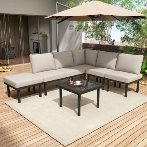 Ensemble de salon de jardin avec canapé, table et coussins, corde tressée, pieds réglables, plateau en verre lisse, beige (1/5)