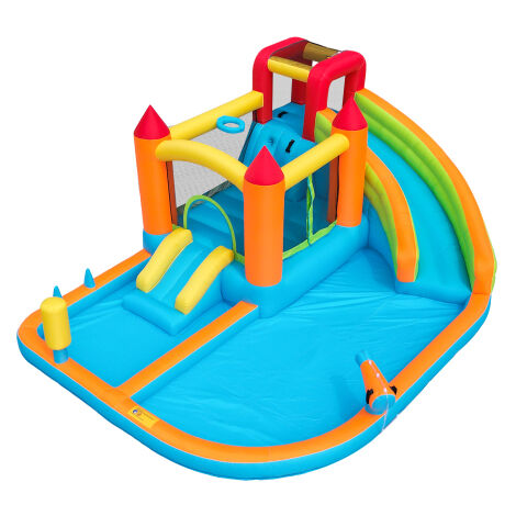 Château gonflable avec souffleur, trampoline, panier de basket, pistolet à eau, 2 piscines, 1 grand et 1 petit toboggan, pour 3-4 enfants, multicouleur