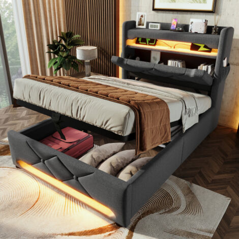 Lit coffre 90x200cm lit enfant avec ports USB et Type C, éclairage LED télécommande, lin, sans matelas, gris (1/5)