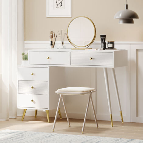 Coiffeuse, table de maquillage avec éclairage LED, miroir, 5 tiroirs spacieux, armoire latérale réglable, sans tabouret