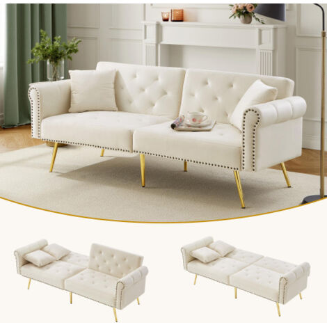 Canapé droit, canapé 2 palces avec dossier réglable sur 3 niveaux, tissu velours, pieds en métal doré, vert (1/5)
