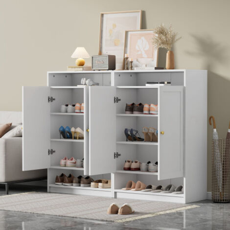 Meuble à chaussures avec étagères réglables, poignées dorées, 2 portes, blanc (1/5)