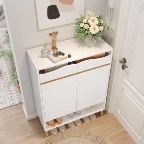 Meuble à chaussures blanc avec 2 tiroirs, étagères, rangements (1/5)