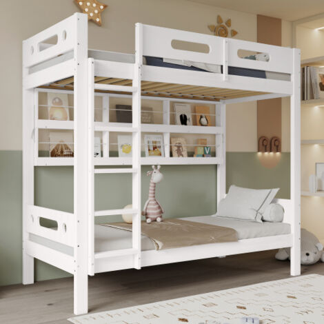 Lit superposé 90x200 cm, lit enfant avec porte de sécurité, étagères ouvertes, échelle, sans matelas, blanc
