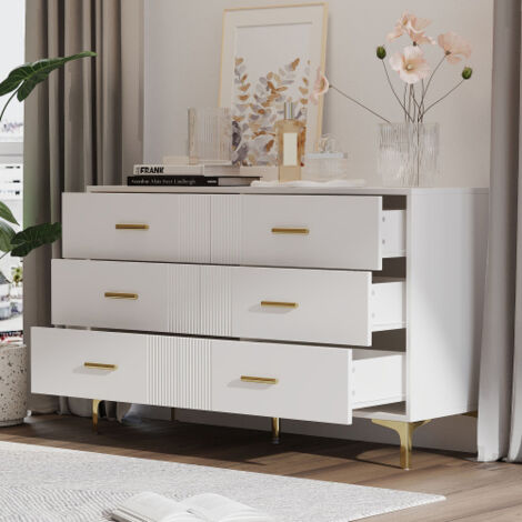 Commode blanche à 6 tiroirs, pieds et poignées en métal doré, 76x120x40 cm, pour salon et chambre