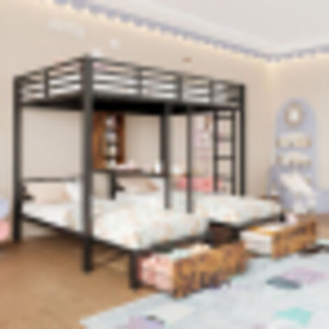 Lit superposé 140x200 cm et 90x200 cm, 3 lits avec barrières, espace de rangement, 2 tiroirs, étagères, sans matelas, noir