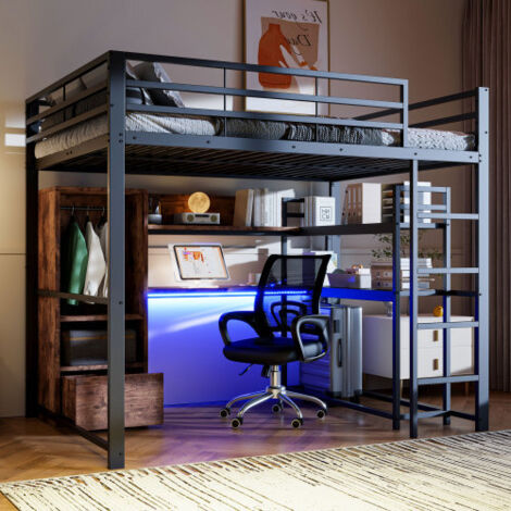 Lit mezzanine 140x200 cm avec éclairage LED, bureau, 1 tiroir, étagères, penderie ouverte, escalier, sans matelas, noir