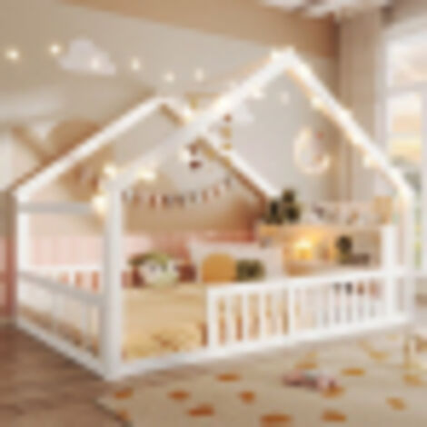 Lit cabane enfant 140x190 cm avec barrière de sécurité, compartiment de rangement, sommier à lattes, sans matelas, blanc