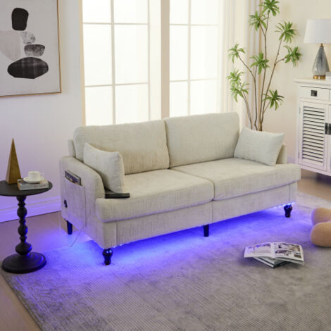 Canapé droit, canapé 2 places avec éclairage LED, port USB et poches latérales, en tissu, pieds en bois, beige (1/5)