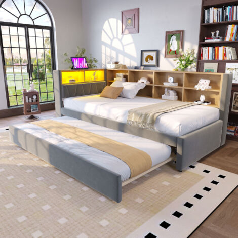 Lit enfant 90x200 cm avec lit gigogne 90x190 cm, éclairage LED, prises électriques et compartiments de rangement, en tissu, sans matelas, gris foncé