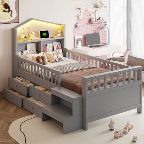 Lit enfant 90x200 cm avec barrière de sécurité et marches, 4 tiroirs, éclairage LED, ports USB-Type-C, sommier à lattes, en bois, gris