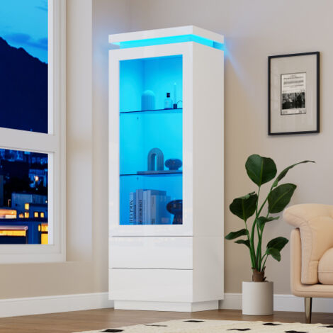 Vitrine 60x40x171 cm avec 2 tiroirs, éclairage LED, 3 étagères, portes vitrées, blanc