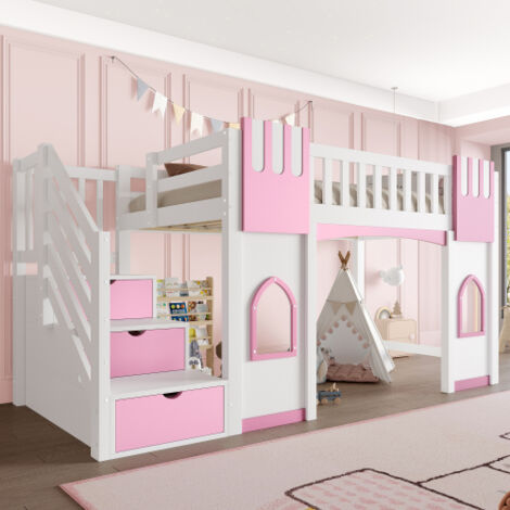 Lit mezzanine enfant 90x200 cm avec escalier de rangement et fenêtre, barrière de sécurité, sans matelas, rose