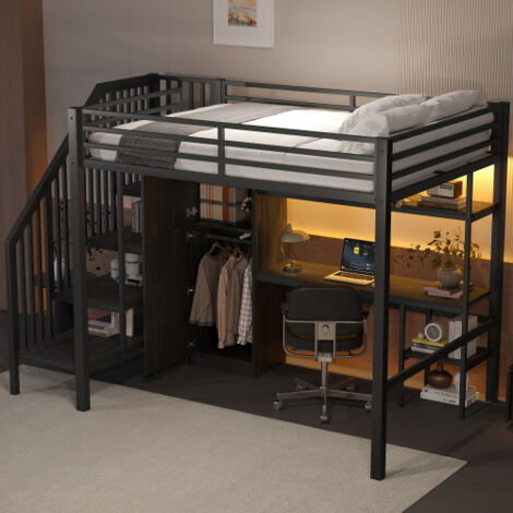 Lit mezzanine adulte 140x200 cm avec bureau, étagère de rangement ouverte, armoire et escalier de rangement, en métal, sans matelas, noir
