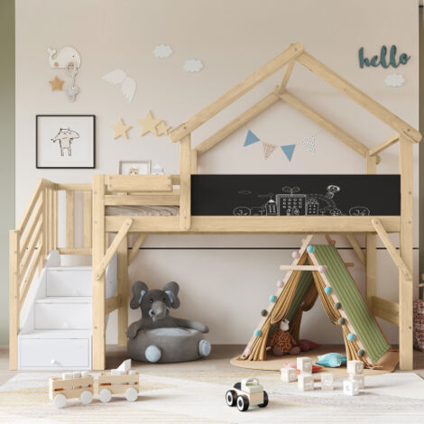 Lit mezzanine enfant 90x200 cm avec barrière de sécurité, en forme de maison, tableau noir, escalier de rangement, sans matelas, blanc et naturel