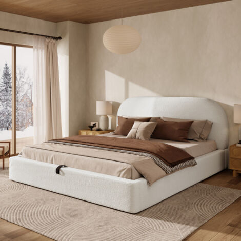 Lit coffre adulte 180x200 cm, sommier à lattes, coins arrondis de la tête et des pieds, sans fond, sans matelas, beige (1/5)