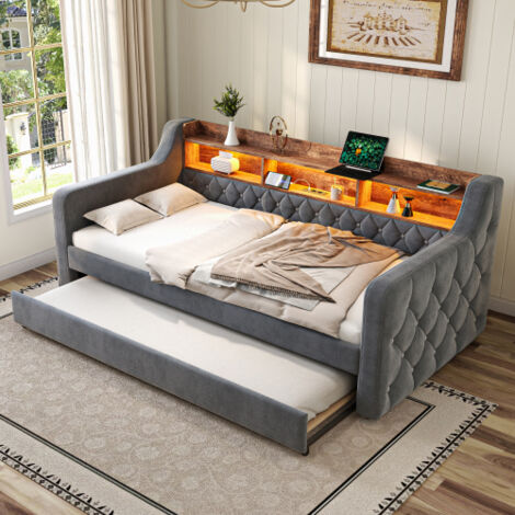Lit enfant 90x190 cm avec lit gigogne 90x190 cm, éclairage LED et port USB-C, étagères de rangement, sommier à lattes, en métal et bois, gris