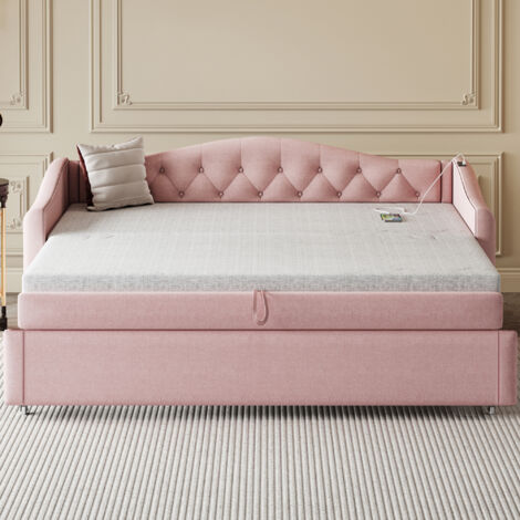 Lit enfant 90x200 cm avec lit gigogne 90x190 cm, prise USB et sommier à lattes, sans matelas, tissu en lin, rose
