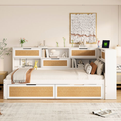 Lit enfant 90x200 cm avec 2 tiroirs, rangement de chevet et ports USB, en bois, sans matelas, blanc (1/5)