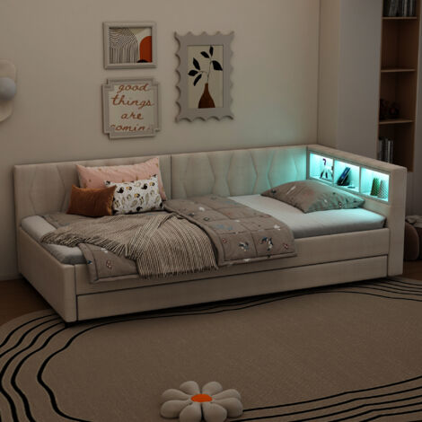 Lit enfant 90x200 cm avec lit gigogne 90x190 cm, éclairage LED et prise USB, tissu en lin, sans matelas, beige