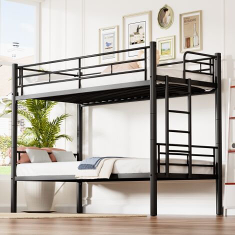 Lit superposé enfant 90x200cm avec barrière de sécurité, sommier à lattes, escalier, sans matelas, noir