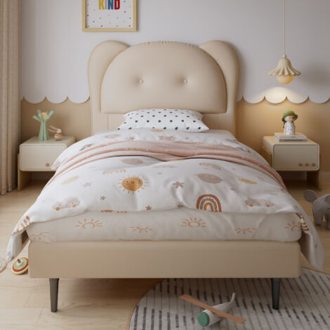 Lit enfant 90x200 cm, tête de lit mignonne et sommier à lattes, en PU, sans matelas, beige (1/5)