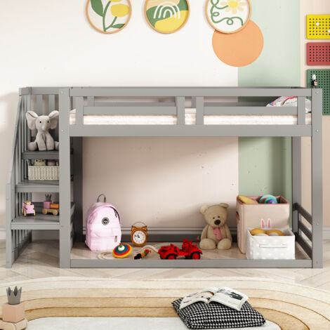 Lit mezzanine enfant 90x200 cm avec escalier de sécurité et sommier à lattes, en bois, sans matelas, gris
