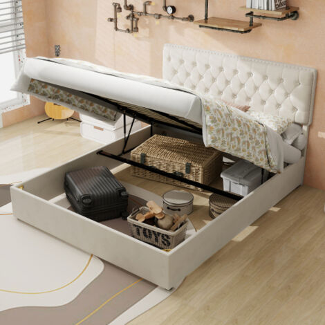 Lit coffre adulte 140x200 cm avec tête de lit carrée, sommier à lattes, en velours, sans fond, sans matelas, beige (1/5)