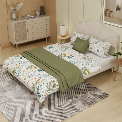 Lit adulte 160x200 cm avec tête de lit rembourrée, sans matelas, en velours, beige (1/5)