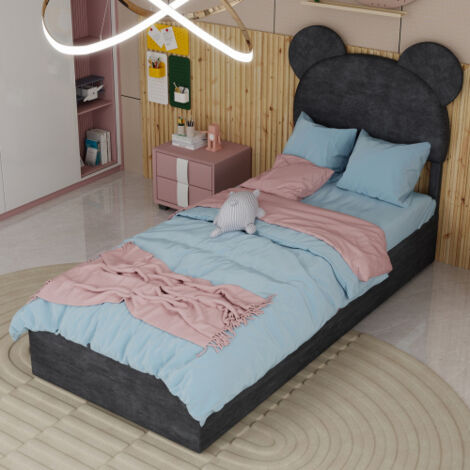 Lit coffre enfant 90x200 cm avec tête de lit dessin animé, sans matelas, sans fond, gris (1/5)
