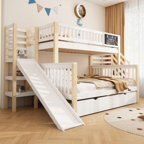 Lit superposé enfant 90x200 cm et 140x200 cm avec escalier, toboggan et petit tableau noir, en bois, sans matelas, blanc (1/5)