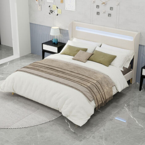 Lit adulte 160x200 cm avec éclairage LED et tête de lit capitonnée, en velours, sans matelas, beige (1/5)