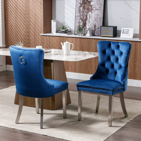 Lot de 2 chaises de salle à manger avec pieds en bois massif, en velours, bleu (1/5)