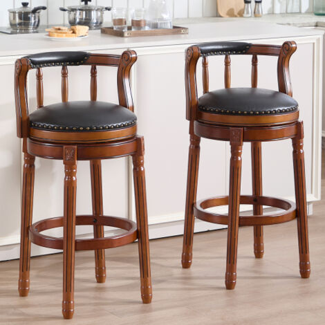 Tabouret de bar pivotant haute 29,5" pieds en bois, en cuir, noir (1/5)