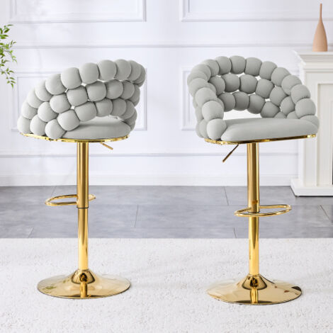 Lot de 2 tabourets de bar réglables, dossier en velours et structure en métal, doré et gris clair (1/5)