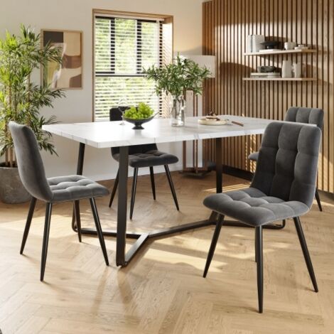 Ensemble de salle à manger, table à manger et 4 chaises, pieds en métal noir, plateau de table en MDF, chaises en velours, gris et blanc