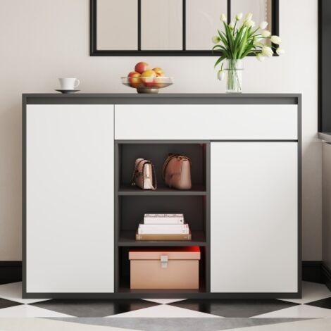 Meuble à chaussures 105x39,5x86 cm avec 2 portes et 1 tiroir, étagères de rangement ouvertes, noir et blanc (1/5)