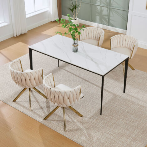 Lot de 2 chaises de salle à manger pivotante 180° avec pieds métal, en velours, blanc ivoire (1/5)