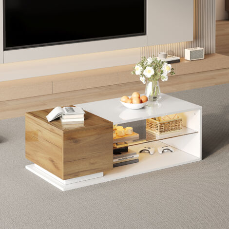 Table basse 105x50x36 cm, éclairage LED avec compartiment de rangement et étagère ouverte, en bois, blanc et chêne (1/5)