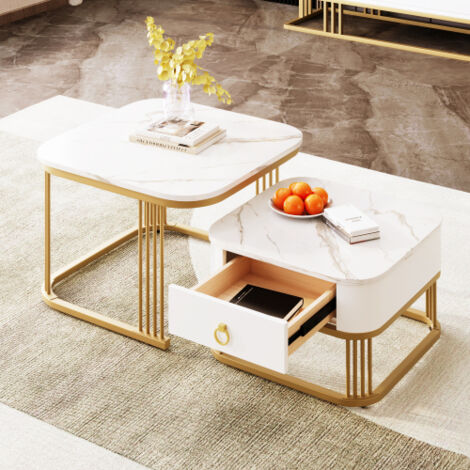 Lot de 2 tables basses gigognes, plateau en verre, effet marbre, cadre en métal, 1 tiroir, en MDF, blanc