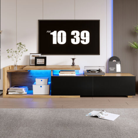 Meuble TV convertible 133.5x40x45 cm avec éclairage LED et 2 tiroirs,étagères de rangement, natural et noir (1/5)