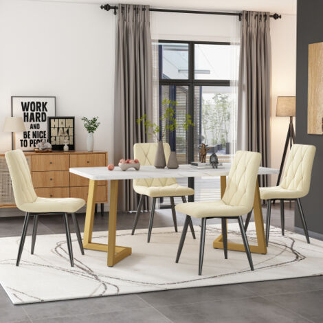 Ensemble de salle à manger, table à manger 117x68x75 cm avec pieds doré et plateau blanc, 4 chaises en velours, beige (1/5)