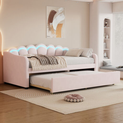Lit enfant 90x200 cm avec lit gigogne 90x190 cm, éclairage LED, en velours, rose
