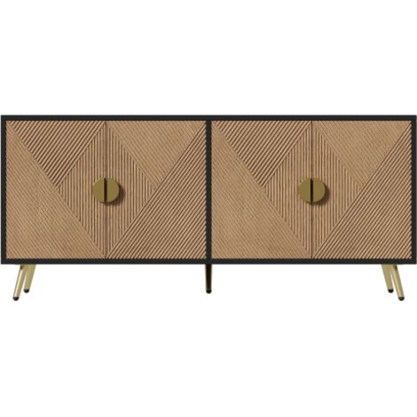 Buffet 2 Portes 2 étagères Réglables 2 Tiroirs Style Bohème Chic Aspect Cannage Rotin Pvc Pietement Poignees Bois Pin Panneaux Imitation Bois Clair