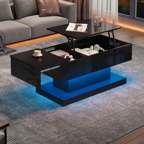 Table basse relevable 100x50x45 cm avec éclairage LED, compartiment de rangement, en panneaux de particules, noir