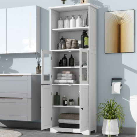 Vitrine 57,4x26,9x162,5 cm avec compartiment de rangement, porte vitrée, porte en bois, 2 étagères ouvertes, blanc